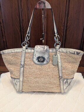 COACH Hampton Python Leather Trims Straw Turn Lock Shoulder Tote Bag #19359